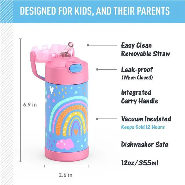 Alt view image 2 of 7 - FUNTAINER Water Bottle with Straw - 12 Ounce - Kids Stainless Steel Vacuum Insulated Water Bottle with Lid Rainbow Dreams