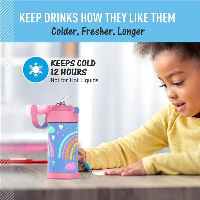 Alt view image 5 of 7 - FUNTAINER Water Bottle with Straw - 12 Ounce - Kids Stainless Steel Vacuum Insulated Water Bottle with Lid Rainbow Dreams