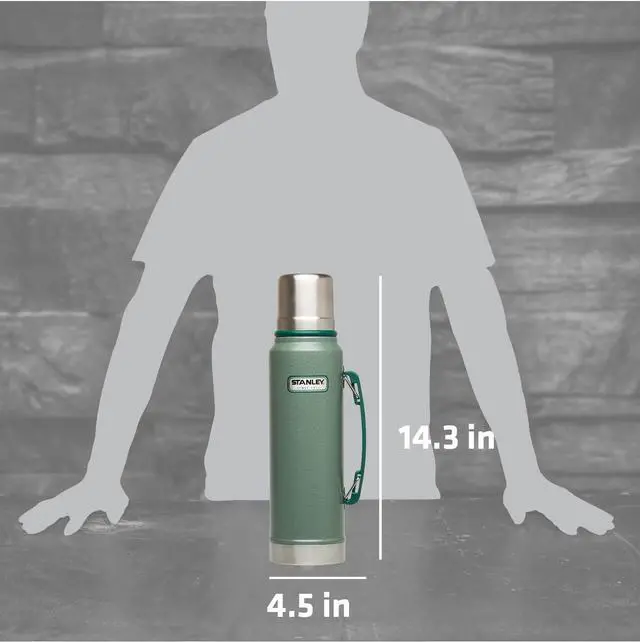 Alt view image 6 of 7 - Stanley Heritage Classic Vacuum Bottle with Handle 1.1 qt | Wide Mouth with Leakproof Cup Lid | Keep Drinks Hot or Cold for Travel | Insulated Stainless Steel Thermos | BPA-Free | Hammertone Green