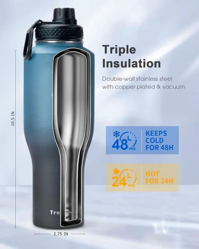 Alt view image 2 of 7 - 40 oz Water Bottle Insulated Fit in Any Car Cup Holder Triple Wall Vacuum Insulated Water Bottle (Cold for 48 Hrs Hot for 24 Hrs) Leakproof Stainless Steel Tumbler Flask with Paracord Handle