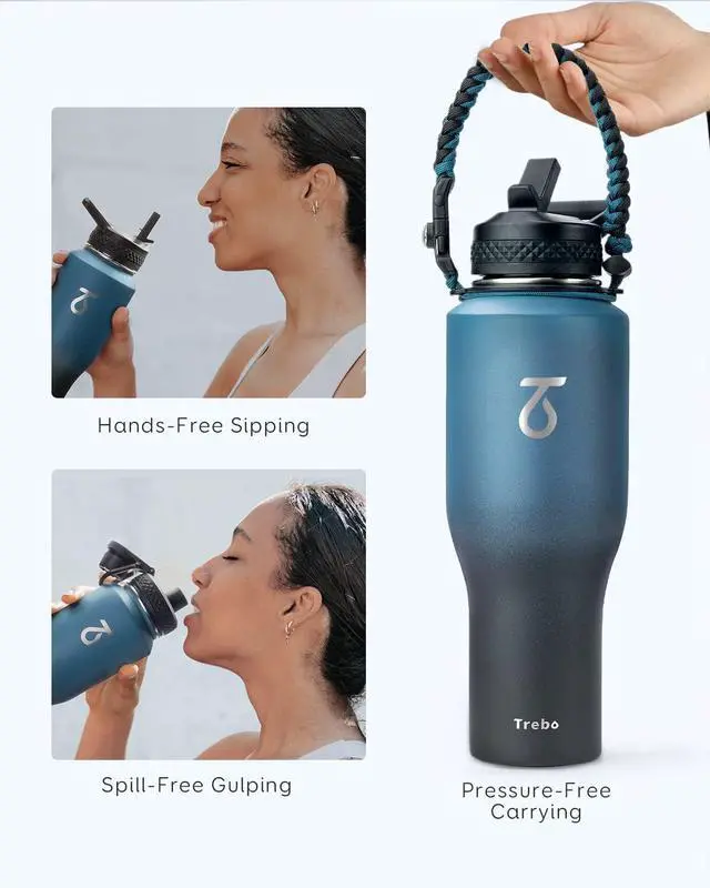 Alt view image 3 of 7 - 40 oz Water Bottle Insulated Fit in Any Car Cup Holder Triple Wall Vacuum Insulated Water Bottle (Cold for 48 Hrs Hot for 24 Hrs) Leakproof Stainless Steel Tumbler Flask with Paracord Handle