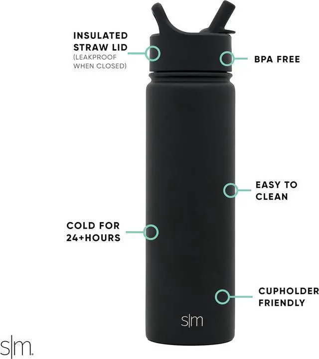 Alt view image 2 of 7 - Water Bottle with Straw Lid Vacuum Insulated Stainless Steel Metal Cup Bottles | Reusable Leak Proof BPA-Free Flask for Gym Sports | Summit Collection | 22oz Midnight Black