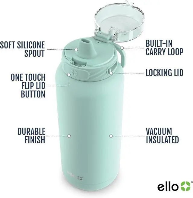 Alt view image 3 of 7 - Ello Cooper 32oz Stainless Steel Water Bottle with Straw and Carry Handle, Double Walled and Vacuum Insulated Metal, Leak Proof Locking Lid with Soft Silicone Spout, Reusable, BPA Free, Yucca