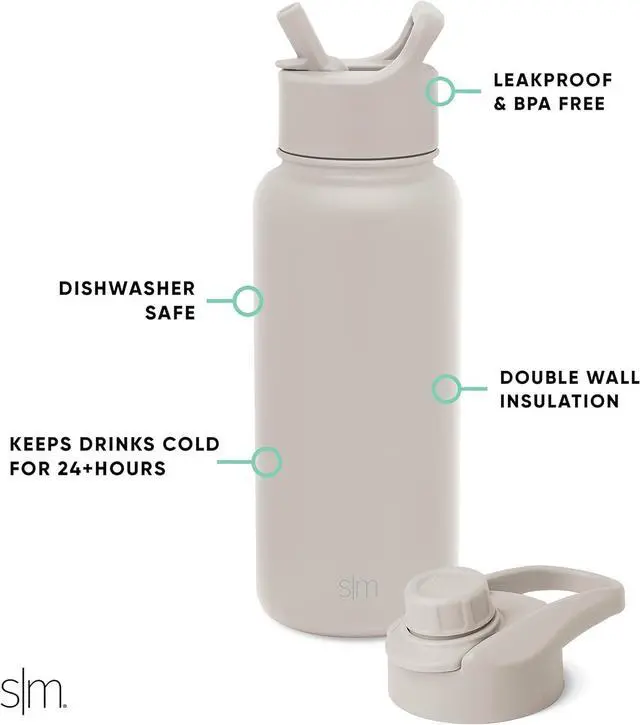 Alt view image 3 of 4 - Water Bottle with Straw and Chug Lid Vacuum Insulated Stainless Steel Metal Thermos Bottles | Reusable Leak Proof BPA-Free Flask for Sports | Summit Collection | 32oz Almond Birch