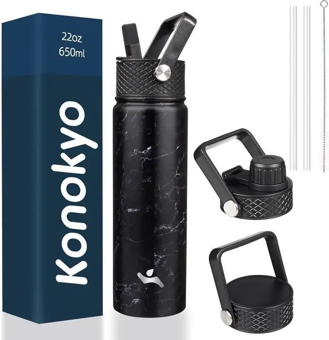 Main image of 22oz Stainless Steel Bottles with 3 Lids Sport Insulated Water Bottle Marble Midnight