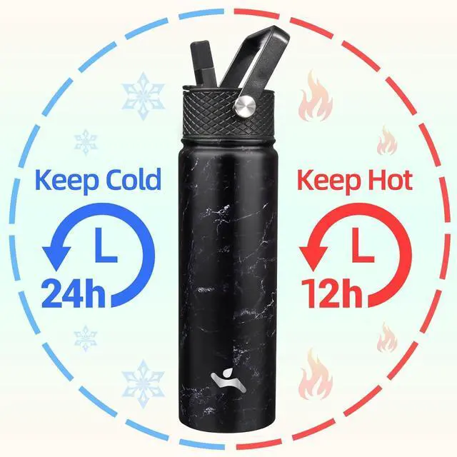 Alt view image 2 of 7 - 22oz Stainless Steel Bottles with 3 Lids Sport Insulated Water Bottle Marble Midnight