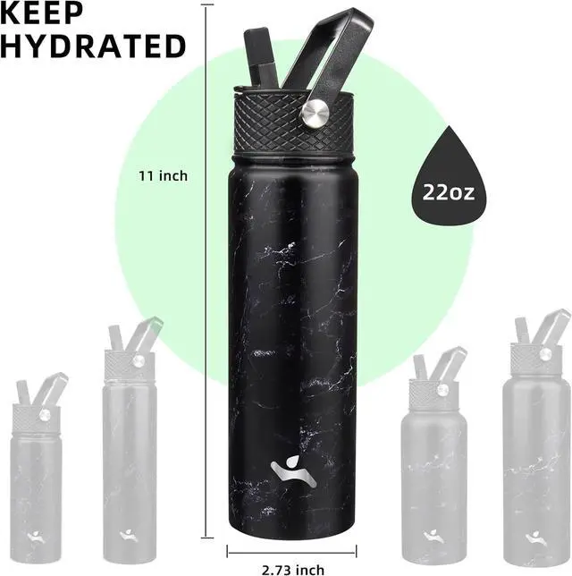 Alt view image 5 of 7 - 22oz Stainless Steel Bottles with 3 Lids Sport Insulated Water Bottle Marble Midnight