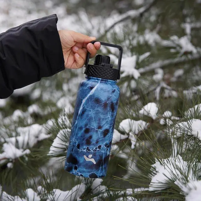 Alt view image 7 of 7 - 22oz Stainless Steel Bottles with 3 Lids Sport Insulated Water Bottle Marble Midnight