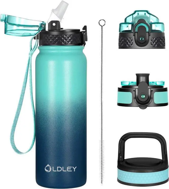Main image of Oldley Insulated Water Bottle 20oz for Adults Kids Stainless Steel Water Bottles with Straw/Chug/Carabiner 3 Lids Fruit Strainer Double Wall Vacuum Wide Mouth BPA Free Leak-Proof for School Travel