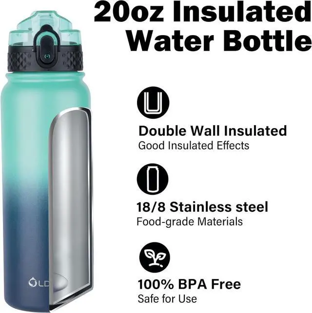 Alt view image 4 of 7 - Oldley Insulated Water Bottle 20oz for Adults Kids Stainless Steel Water Bottles with Straw/Chug/Carabiner 3 Lids Fruit Strainer Double Wall Vacuum Wide Mouth BPA Free Leak-Proof for School Travel