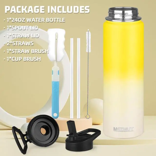 Alt view image 2 of 7 - Insulated 24oz Stainless Steel Water Bottle with Straw & 2 Lids - Sports Metal Thermos Cup - Double Walled Vacuum Insulated Bottle - Leak-Proof Travel (Ginger Yellow)