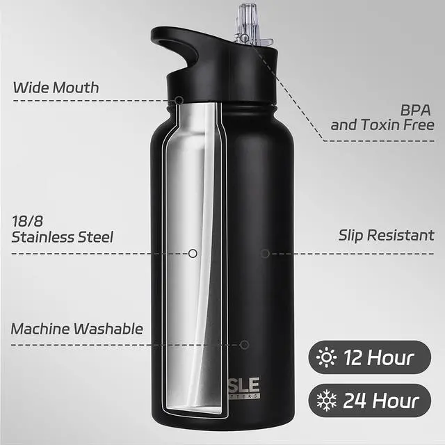Alt view image 2 of 6 - 32 oz Insulated Water Bottle Stainless Steel Double Walled Vacuum Sports Water Bottle with 2 Lids (Straw and Spout Lid) for Gym Camping Hiking(Black 1)