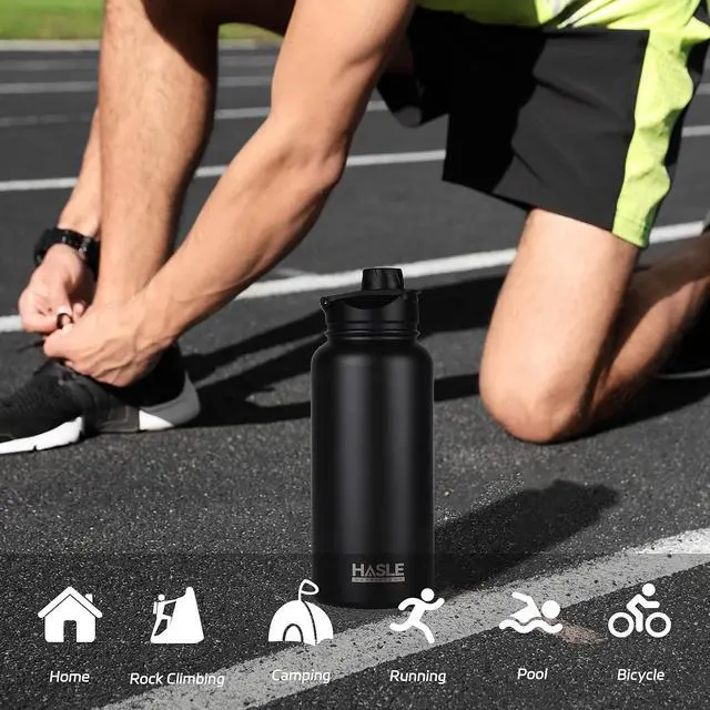 Alt view image 6 of 6 - 32 oz Insulated Water Bottle Stainless Steel Double Walled Vacuum Sports Water Bottle with 2 Lids (Straw and Spout Lid) for Gym Camping Hiking(Black 1)