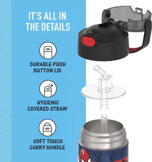 Alt view image 4 of 7 - FUNTAINER Water Bottle with Straw - 12 Ounce - Kids Stainless Steel Vacuum Insulated Water Bottle with Lid Spider-Man