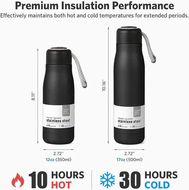 Alt view image 3 of 7 - Water Bottles with Portable LidHydro Insulated Thermal Flask for Hot or Cold Drinks 350ml Stainless Steel Metal Reusable Water Bottle for Kids Adults Midnight Black