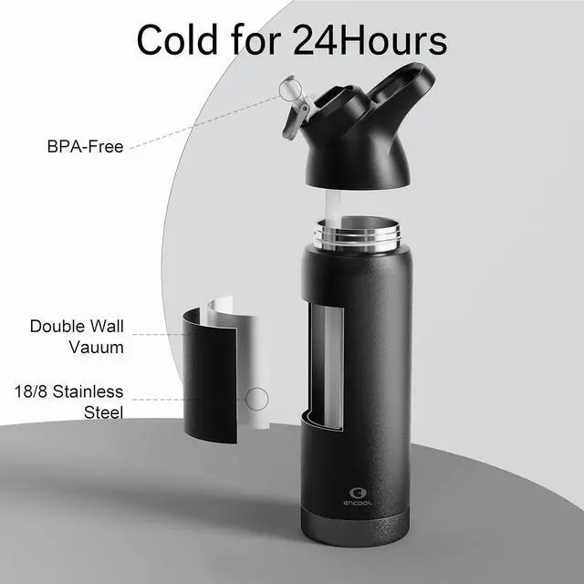 Alt view image 2 of 7 - Insulated Water Bottle with Straw - Encool Stainless Steel Water Bottle Reusable Leakproof and BPA-Free for Sports Travel Cold for 24 Hours 32 oz Black Night