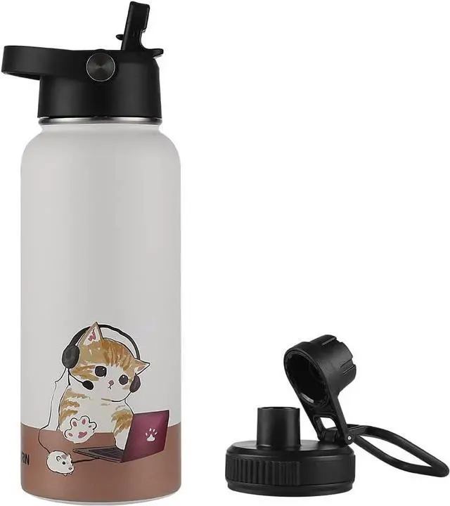 Main image of Insulated Water Bottle with Straw Lid & Spout Lid 32oz Personalized Vacuum Stainless Steel Travel Mug Leak Proof Double Wall Bottle for Hot & Cold Beverages