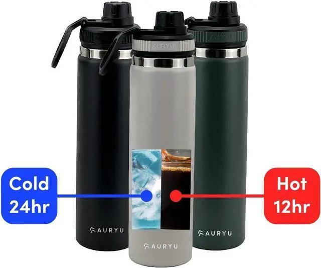 Alt view image 4 of 6 - 24oz Triple Wall Insulated Stainless Steel Water Bottle  Leak Proof Sports Thermos with Bonus Spout Lid  Wide Mouth BPA-Free Hot & Cold Travel Gym Hiking Flask  Oat