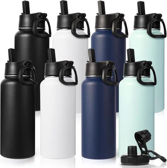Main image of 32 oz Insulated Water Bottles Bulk with 2 Lids (Straw & Spout Lid) Stainless Steel Double Wall Water Bottle Keeps Cold 24H & Hot 12H (Mix 8 Pack)