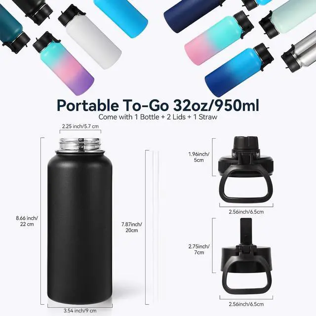 Alt view image 2 of 7 - 32 oz Insulated Water Bottles Bulk with 2 Lids (Straw & Spout Lid) Stainless Steel Double Wall Water Bottle Keeps Cold 24H & Hot 12H (Mix 8 Pack)