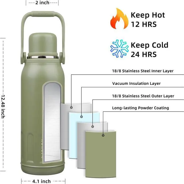 Alt view image 2 of 6 - Insulated 50oz Thermos Water Bottle with Lid and Carry Handle Insulated Stainless Steel Water Bottles for Outdoor Sports Army Green