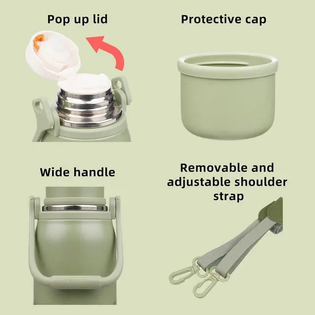 Alt view image 3 of 6 - Insulated 50oz Thermos Water Bottle with Lid and Carry Handle Insulated Stainless Steel Water Bottles for Outdoor Sports Army Green