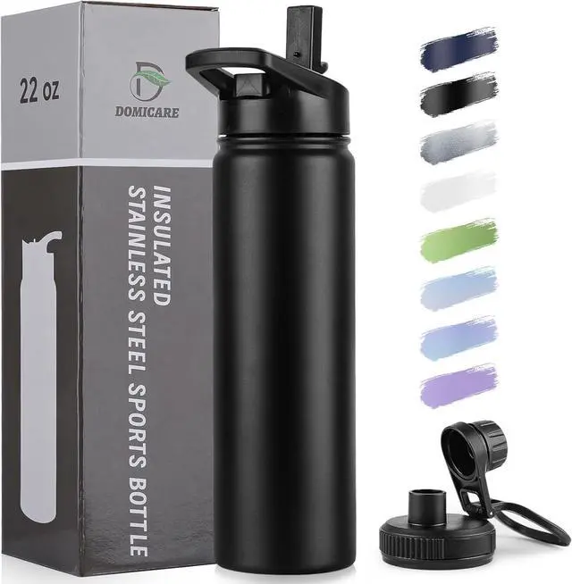 Main image of Insulated Water Bottle 22 oz Vacuum Insulated Stainless Steel Reusable Sports Bottle with Straw Lid & Spout Lid for Travel Camping Bike Leakproof Black 1 Pack