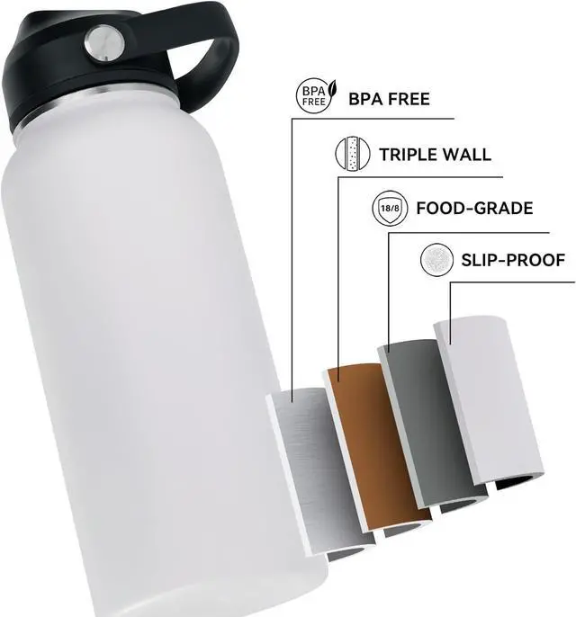 Alt view image 3 of 7 - 32oz Insulated Stainless Steel Water Bottle Wide Mouth Double Wall Vacuum Silicone Straw Sweat & Leak Proof BPA Free Insulated Water Flask for Travel Keep Cold 24h Hot 12h White