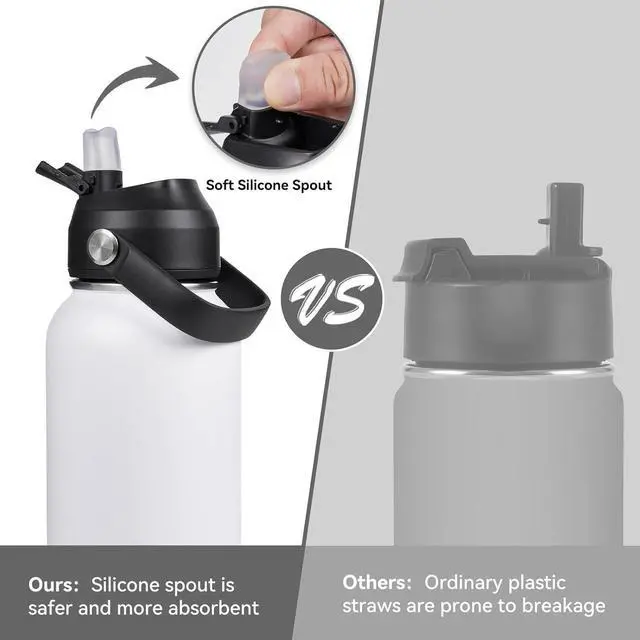 Alt view image 4 of 7 - 32oz Insulated Stainless Steel Water Bottle Wide Mouth Double Wall Vacuum Silicone Straw Sweat & Leak Proof BPA Free Insulated Water Flask for Travel Keep Cold 24h Hot 12h White