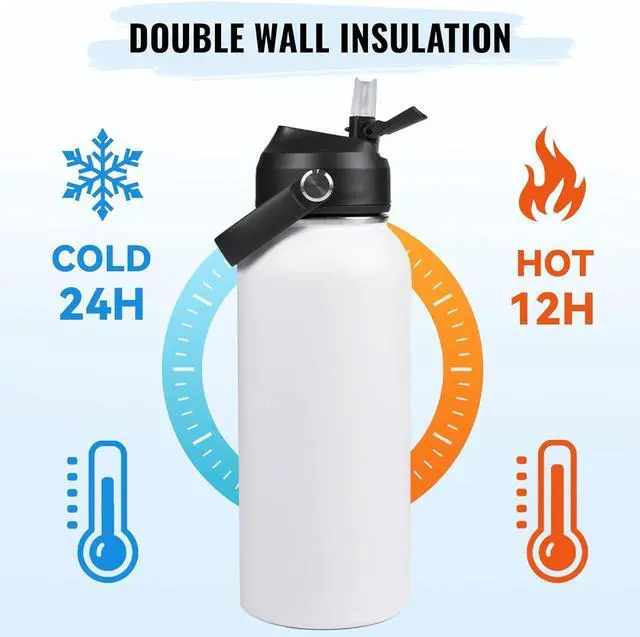 Alt view image 5 of 7 - 32oz Insulated Stainless Steel Water Bottle Wide Mouth Double Wall Vacuum Silicone Straw Sweat & Leak Proof BPA Free Insulated Water Flask for Travel Keep Cold 24h Hot 12h White