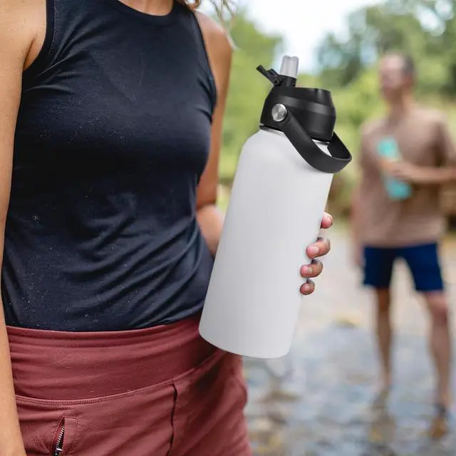 Alt view image 6 of 7 - 32oz Insulated Stainless Steel Water Bottle Wide Mouth Double Wall Vacuum Silicone Straw Sweat & Leak Proof BPA Free Insulated Water Flask for Travel Keep Cold 24h Hot 12h White