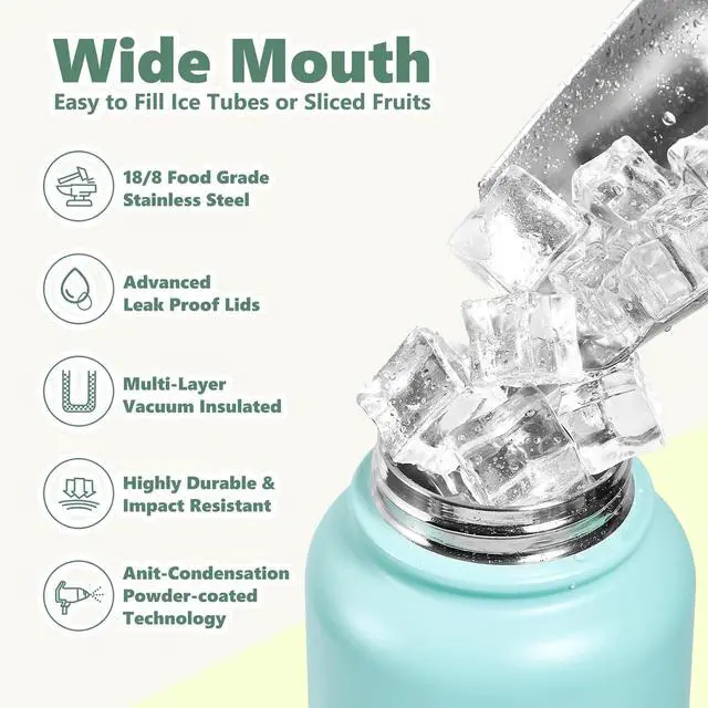 Alt view image 4 of 7 - Insulated Water Bottle with Lid & Boot & Stickers 40 oz Stainless Steel Sweat Free Bottle Keep Cold 24H BPA-Free Sports Wide Mouth Water Bottle Green