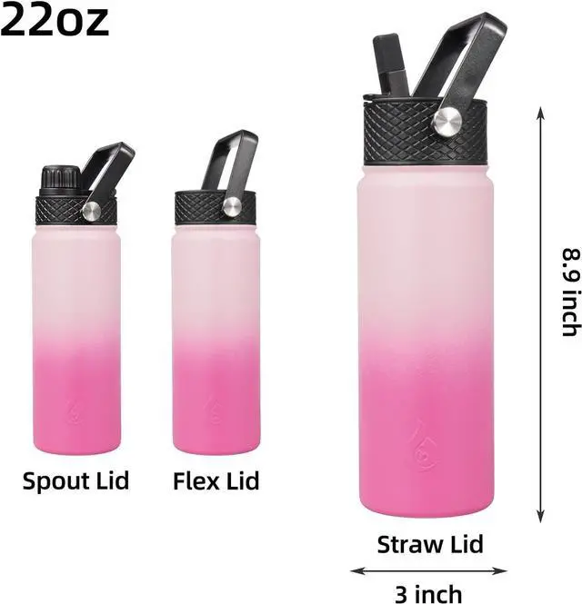 Alt view image 2 of 6 - Insulated Water Bottles with Straw Lid 22oz Cold & Hot Thermos Stainless Steel Metal Water Bottle with 3 Lids Reusable Thermos Cups Mugs for Daily Use-Cherry