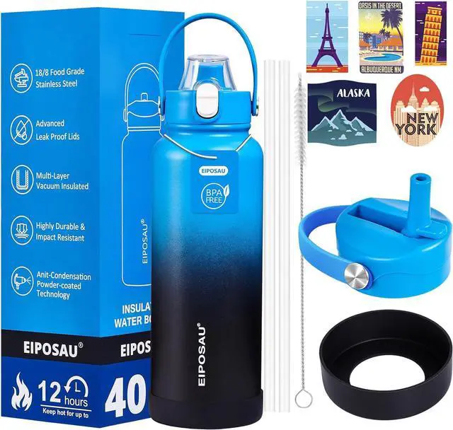 Main image of Insulated Water Bottle with Lid & Boot & Stickers 40 oz Stainless Steel Sweat Free Bottle Keep Cold 24H BPA-Free Sports Wide Mouth Water Bottle BlueBlack