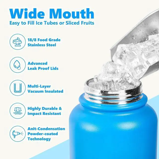 Alt view image 4 of 7 - Insulated Water Bottle with Lid & Boot & Stickers 40 oz Stainless Steel Sweat Free Bottle Keep Cold 24H BPA-Free Sports Wide Mouth Water Bottle BlueBlack