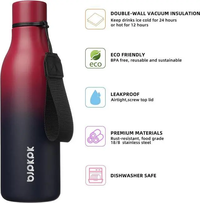 Alt view image 2 of 6 - Insulated Water Bottles 18 oz Stainless Steel Metal Water Bottle with Strap BPA Free Leak Proof Thermos Mugs Flasks Reusable Water Bottle for Sports & Travel Charming Red