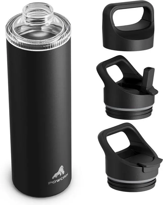 Main image of 24 oz Insulated Water Bottle for Sports: 3 Lids Leakproof Keep Cold 24H Car Cupholder Friendly Stainless Steel Water Flask with Straw and Spout Caps for Gym School Work Cycling (Midnight Black)
