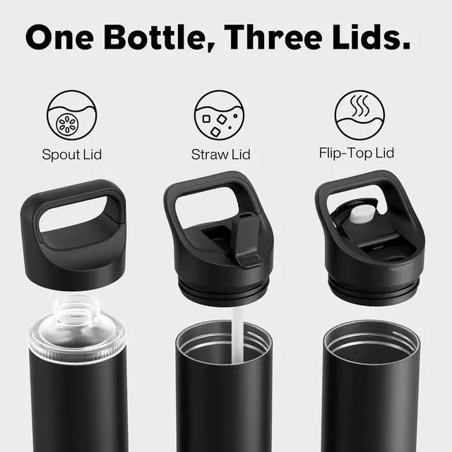 Alt view image 2 of 7 - 24 oz Insulated Water Bottle for Sports: 3 Lids Leakproof Keep Cold 24H Car Cupholder Friendly Stainless Steel Water Flask with Straw and Spout Caps for Gym School Work Cycling (Midnight Black)