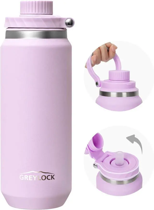 Main image of GREYLOCK 24 oz Insulated Water Bottle with Straw Lid Leakproof Reusable Stainless Steel Vacuum Flask 24hr Cold & Hot Carry Handle & Silicone Spout BPA-Free for Gym Hiking Travel Purple