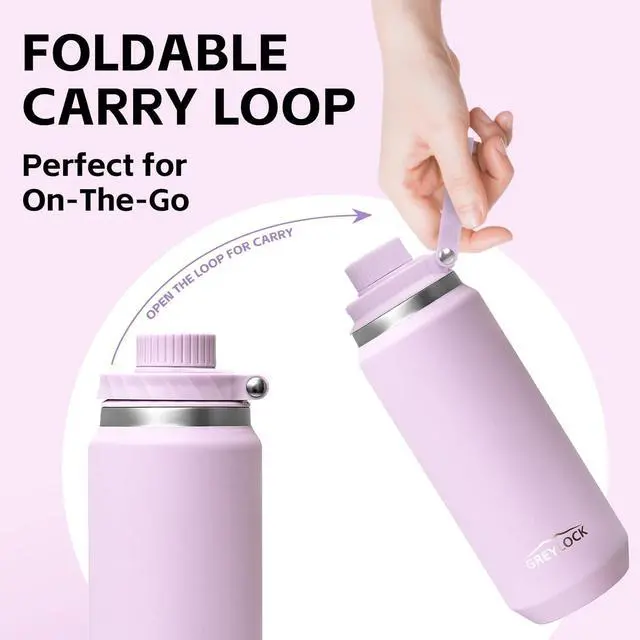 Alt view image 2 of 7 - GREYLOCK 24 oz Insulated Water Bottle with Straw Lid Leakproof Reusable Stainless Steel Vacuum Flask 24hr Cold & Hot Carry Handle & Silicone Spout BPA-Free for Gym Hiking Travel Purple