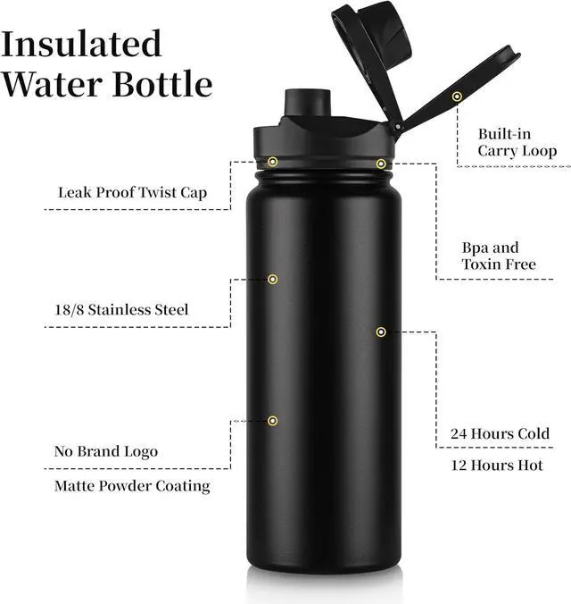 Alt view image 2 of 6 - 24 oz Insulated Water Bottle with Straw Lid & Wide Mouth Lids Stainless Steel Sports Water Bottles Double Walled Vacuum Leak Proof Black