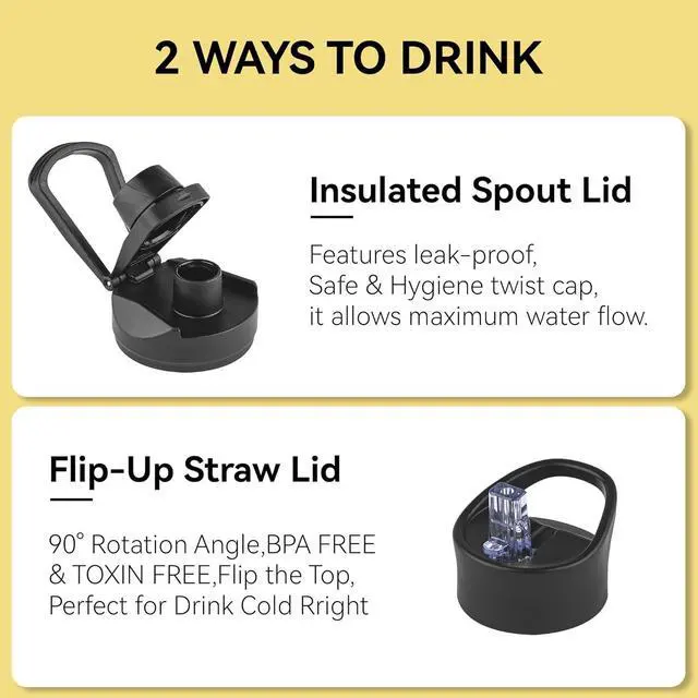 Alt view image 3 of 6 - 24 oz Insulated Water Bottle with Straw Lid & Wide Mouth Lids Stainless Steel Sports Water Bottles Double Walled Vacuum Leak Proof Black