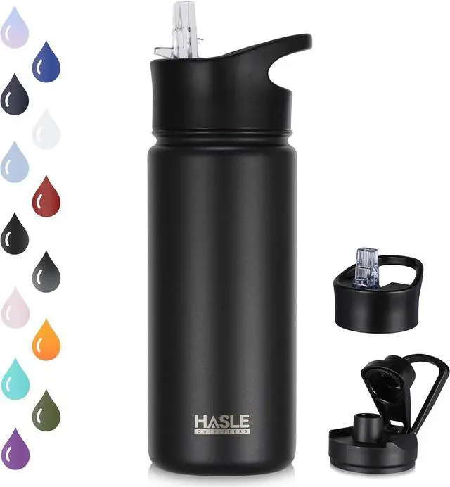 Main image of Insulated Water Bottle 16 oz Double Wall Vacuum Stainless Steel Water Bottle Leak Proof Wide Mouth with Straw Lid & Spout Lid Keeps Cold and Hot(Black 1pack)