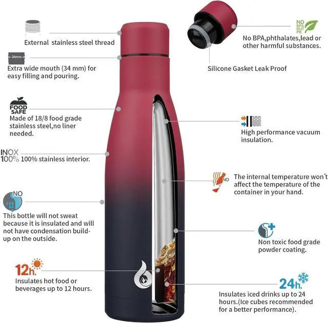 Alt view image 3 of 6 - Insulated Water Bottle 17oz Stainless Steel Water Bottles Diashwasher Safe Reusable Metal Thermos Keep Cold and Hot Charming Black Red