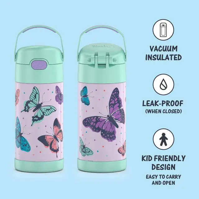 Alt view image 2 of 6 - FUNTAINER Water Bottle with Straw - 12 Ounce - Kids Stainless Steel Vacuum Insulated Water Bottle with Lid Butterfly Frenzy