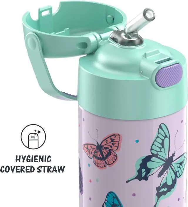 Alt view image 3 of 6 - FUNTAINER Water Bottle with Straw - 12 Ounce - Kids Stainless Steel Vacuum Insulated Water Bottle with Lid Butterfly Frenzy