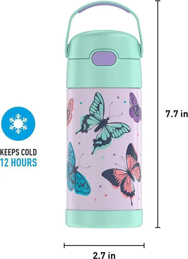Alt view image 5 of 6 - FUNTAINER Water Bottle with Straw - 12 Ounce - Kids Stainless Steel Vacuum Insulated Water Bottle with Lid Butterfly Frenzy