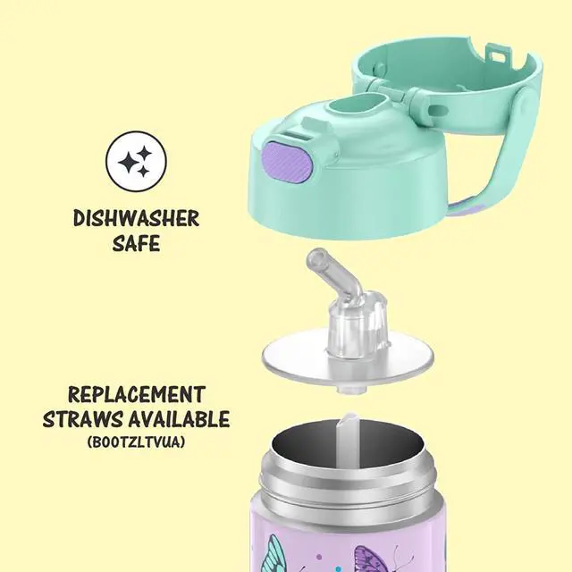 Alt view image 4 of 6 - FUNTAINER Water Bottle with Straw - 12 Ounce - Kids Stainless Steel Vacuum Insulated Water Bottle with Lid Butterfly Frenzy