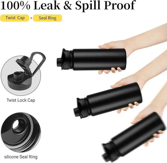 Alt view image 4 of 6 - 24 oz Insulated Water Bottle with Straw Lid & Wide Mouth Lids Stainless Steel Sports Water Bottles Double Walled Vacuum Leak Proof Black