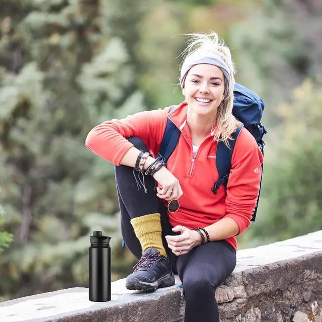 Alt view image 6 of 6 - 24 oz Insulated Water Bottle with Straw Lid & Wide Mouth Lids Stainless Steel Sports Water Bottles Double Walled Vacuum Leak Proof Black